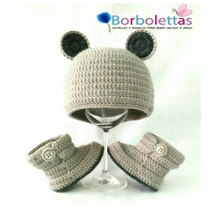 Conjunto Merino con Gorro de Osito Gris Perla